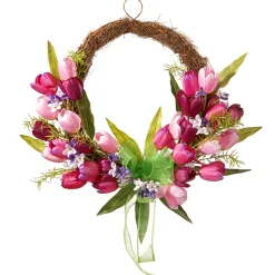 National Tree Company Flower Wreaths^ Artificial Hanging Wreath, Woven Branch Base, Decorated With Pink And Purple Tulip Blooms, Green Ribbon, Leafy Greens, Spring Collection, 20 Inches