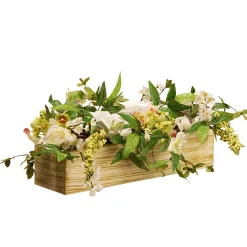 National Tree Company Potted Flower Plants^ Artificial Candleholder Table Decoration, Wooden Natural Box Base, Decorated With Flower Blooms, Berry Clusters, Leafy Greens, Holds 3 Pillar Candles, Spring Collection, 22 Inches