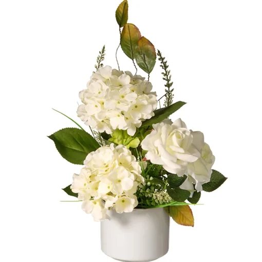 National Tree Company Potted Flower Plants^ Artificial Potted Flowers, Hydrangea Blooms, Decorated With Leafy Greens, Includes White Pot Base, Spring Collection, 9 Inches