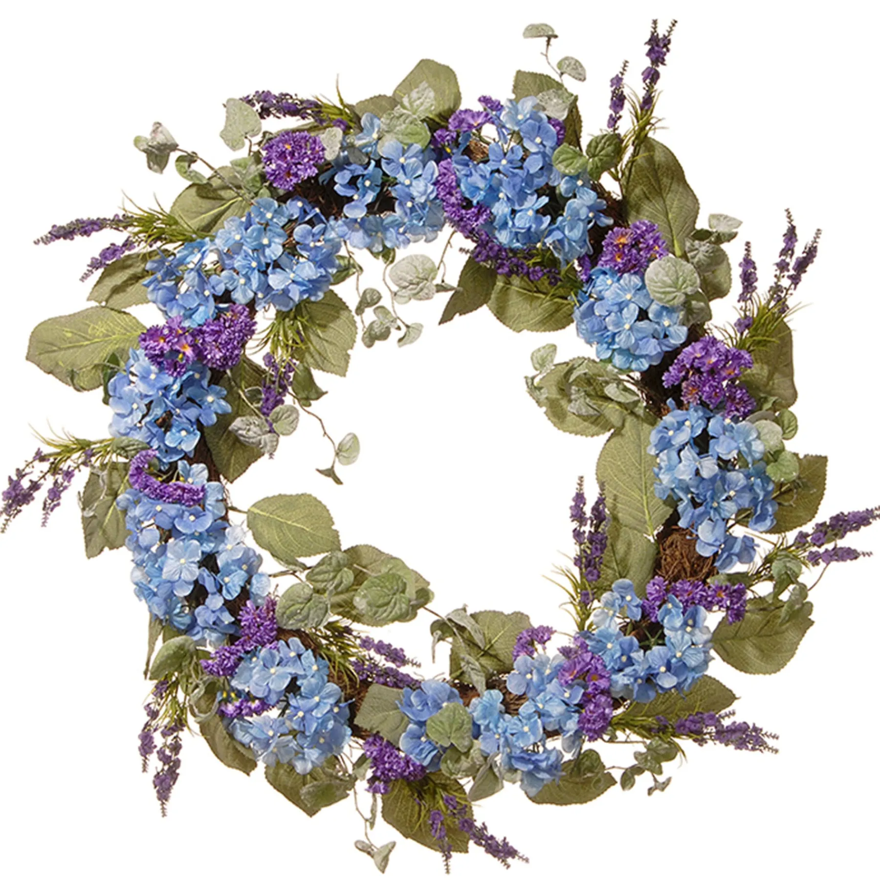 National Tree Company Flower Wreaths^ Artificial Hanging Wreath, Woven Branch Base, Decorated With Blue Hydrangea Blooms, Purple Flowers, Flowing Green Stems, Spring Collection, 32 Inches