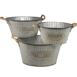 National Tree Company Home & Garden Decor^ Garden Flower Planters, Pack Of 3 Ornate Tin 'Garden' Pots, Features Rope Handles, Spring Collection, Varying Sizes