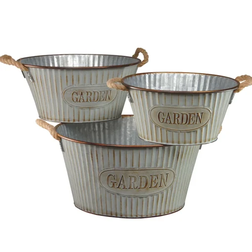 National Tree Company Home & Garden Decor^ Garden Flower Planters, Pack Of 3 Ornate Tin 'Garden' Pots, Features Rope Handles, Spring Collection, Varying Sizes