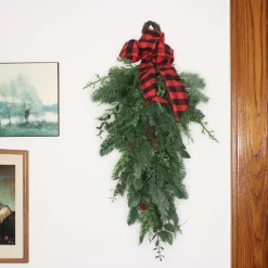 Christmas Greenery-National Tree Company Mixed Pine Christmas Teardrop With Plaid Bow, Pinecones, 30 In