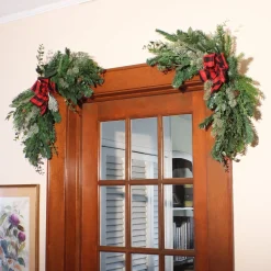 Christmas Greenery-National Tree Company Mixed Pine And Bow Christmas Corner Swags With Plaid Bow And Pinecones, Set Of Two, 24 In