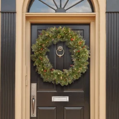 25" To 36" Wreath-National Tree Company Pre-Lit Artificial Christmas Wreath, Green, Crestwood Spruce, White Lights, Decorated With Pine Cones, Berry Clusters, Frosted Branches, Christmas Collection, 36 Inches