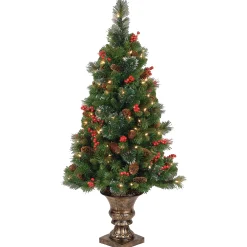 National Tree Company Potted Plants^ Pre-Lit Artificial Mini Christmas Tree, Green, Crestwood Spruce, White Lights, Decorated With Pine Cones, Berry Clusters, Frosted Branches, Includes Pot Base, 4 Feet