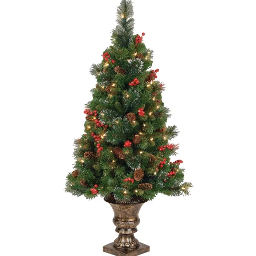 National Tree Company Potted Plants^ Pre-Lit Artificial Mini Christmas Tree, Green, Crestwood Spruce, White Lights, Decorated With Pine Cones, Berry Clusters, Frosted Branches, Includes Pot Base, 4 Feet