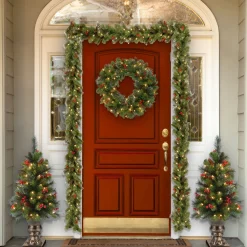 National Tree Company Potted Plants^ Pre-Lit Artificial Mini Christmas Tree, Green, Crestwood Spruce, White Lights, Decorated With Pine Cones, Berry Clusters, Frosted Branches, Includes Pot Base, 4 Feet