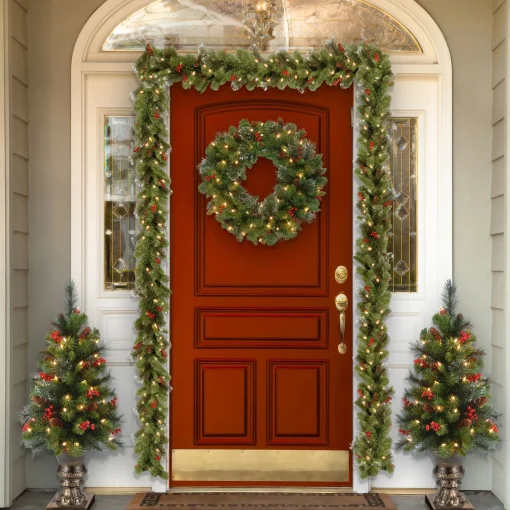 National Tree Company Potted Plants^ Pre-Lit Artificial Mini Christmas Tree, Green, Crestwood Spruce, White Lights, Decorated With Pine Cones, Berry Clusters, Frosted Branches, Includes Pot Base, 4 Feet