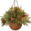 Christmas Greenery-National Tree Company Pre-Lit 'Feel Real' Artificial Christmas Hanging Basket, Colonial, Decorated With Frosted Pine Cones, Berry Clusters, White Lights, Christmas Collection, 20 Inches