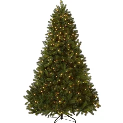 Full-National Tree Company Pre-Lit 'Feel Real' Artificial Full Downswept Christmas Tree, Green, Douglas Fir, Dual Color Led Lights, Includes Stand, 7.5 Feet