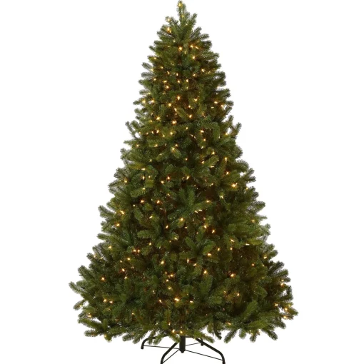 Full-National Tree Company Pre-Lit 'Feel Real' Artificial Full Downswept Christmas Tree, Green, Douglas Fir, Dual Color Led Lights, Includes Stand, 7.5 Feet