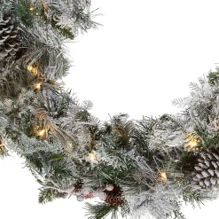 7' To 10' Garland-National Tree Company Pre-Lit Artificial Christmas Garland, Green, Bedford Pine, White Lights, Decorated With Cedar Leaves, Berry Clusters, Pine Cones, Frosted Branches, Battery Powered, Christmas Collection, 9 Feet