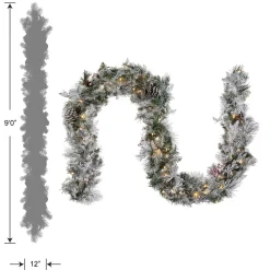 7' To 10' Garland-National Tree Company Pre-Lit Artificial Christmas Garland, Green, Bedford Pine, White Lights, Decorated With Cedar Leaves, Berry Clusters, Pine Cones, Frosted Branches, Battery Powered, Christmas Collection, 9 Feet