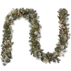 7' To 10' Garland-National Tree Company Pre-Lit Artificial Christmas Garland, Green, Pomegranate Pine, White Lights, Decorated With Ball Ornaments, Berry Clusters, Plug In, Christmas Collection, 9 Feet
