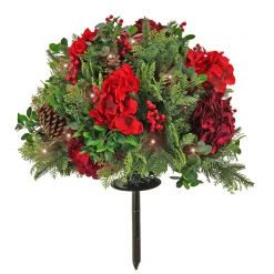 Christmas Greenery-National Tree Company Pre Lit Artificial Urn Filler, Vienna Waltz, Decorated With Red Flower Blooms, Red Berry Clusters, Pine Cones, Warm White Led Lights, Battery Powered, Christmas Collection, 28 Inches