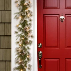 7' To 10' Garland-National Tree Company Pre-Lit 'Feel Real' Artificial Christmas Garland, Green, Liberty Pine, White Lights, Decorated With Pine Cones, Frosted Branches, Plug In, Christmas Collection, 9 Feet
