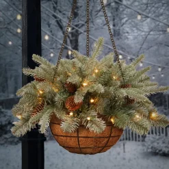 Christmas Greenery-National Tree Company Pre-Lit 'Feel Real' Artificial Christmas Hanging Basket, Arctic Spruce, Decorated With Frosted Pine Cones, White Lights, Christmas Collection, 20 Inches