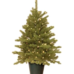 National Tree Company Potted Plants^ Pre-Lit 'Feel Real' Artificial Christmas Tree, Hampton Spruce, Green, White Lights, Includes Pot Base, 3 Feet