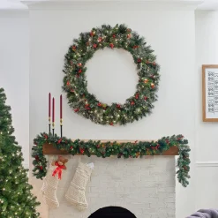 Over 37" Wreath-National Tree Company Pre-Lit Artificial Christmas Wreath, Green, Wintry Pine, White Lights, Decorated With Pine Cones, Berry Clusters, Frosted Branches, Christmas Collection, 48 Inches