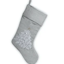 Christmas Stockings-National Tree Company Silver Stocking With Christmas Tree Design