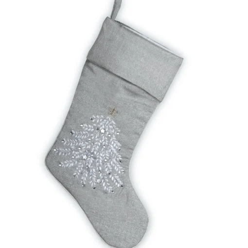 Christmas Stockings-National Tree Company Silver Stocking With Christmas Tree Design