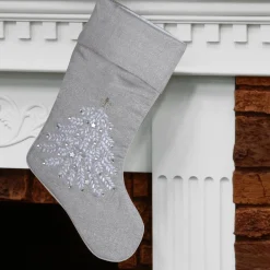 Christmas Stockings-National Tree Company Silver Stocking With Christmas Tree Design