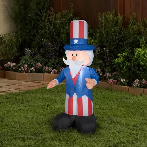 Patriotic Inflatable-National Tree Company Patriotic Inflatable Decoration Blue Uncle Sam Wearing Red White And Blue Suit And Hat Self Inflating Plug In Fourth Of July Collection 48 Inches