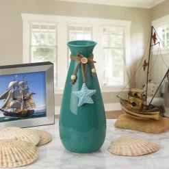 Home & Garden Decor-National Tree Company Porcelain Vase, Aqua Green, Decorated With Star Fish, Spring Collection, 10 Inches