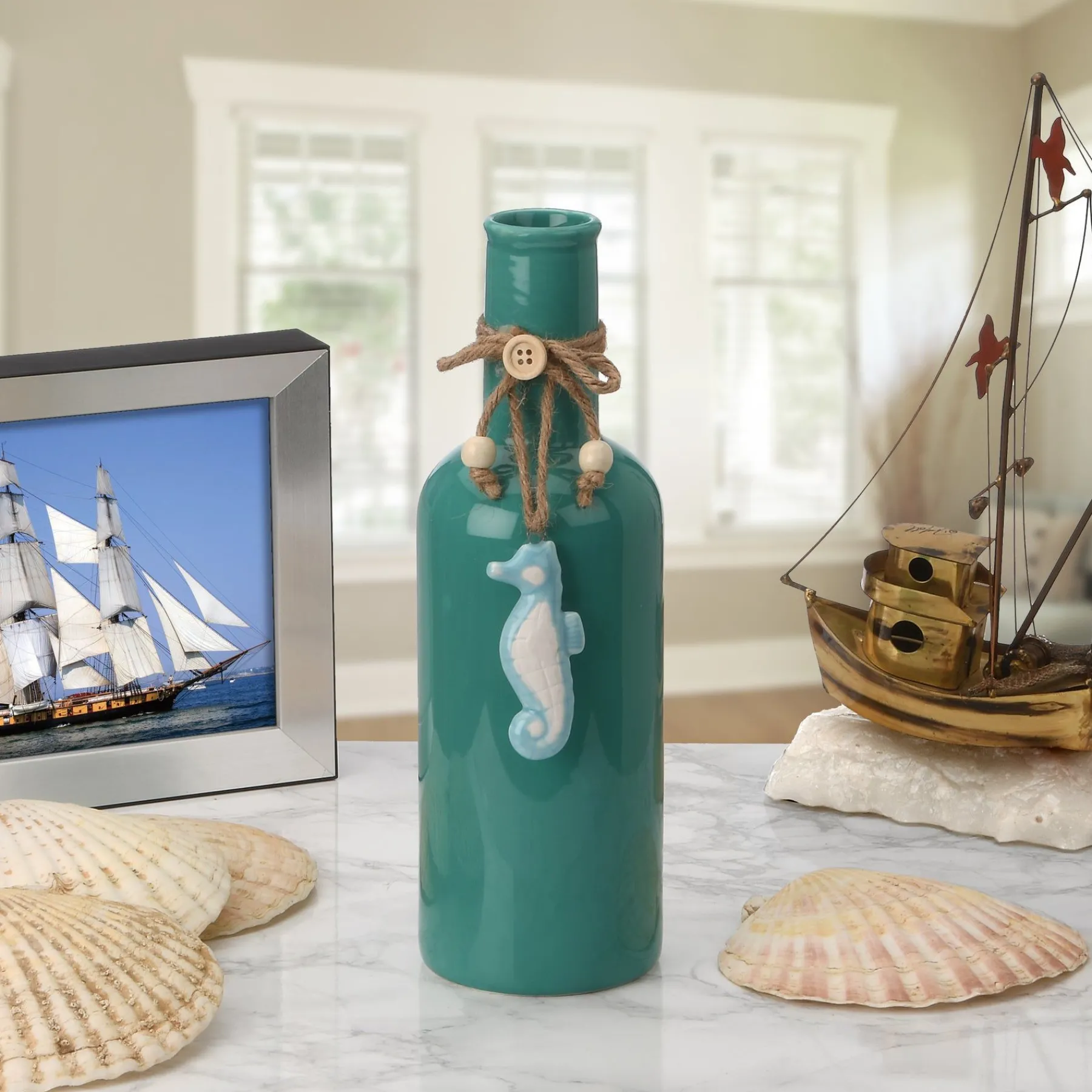 Home & Garden Decor-National Tree Company Porcelain Vase, Aqua Green, Decorated With Sea Horse, Spring Collection, 9 Inches