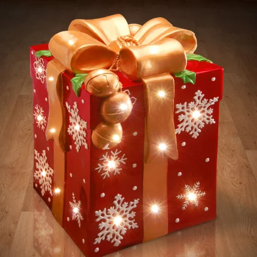 Christmas Accessories-National Tree Company Pre-Lit 21" Led Red Gift Box With Gold Bow Decor