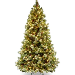 Slim-National Tree Company Pre-Lit Artificial Christmas Tree, Wintry Pine, Green, White Lights, Decorated With Pine Cones, Berry Clusters, Includes Stand, 7.5 Feet
