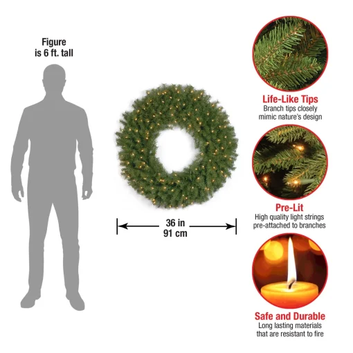 25" To 36" Wreath-National Tree Company Pre-Lit Artificial Christmas Wreath, Green, Norwood Fir, White Lights, Christmas Collection, 36 Inches