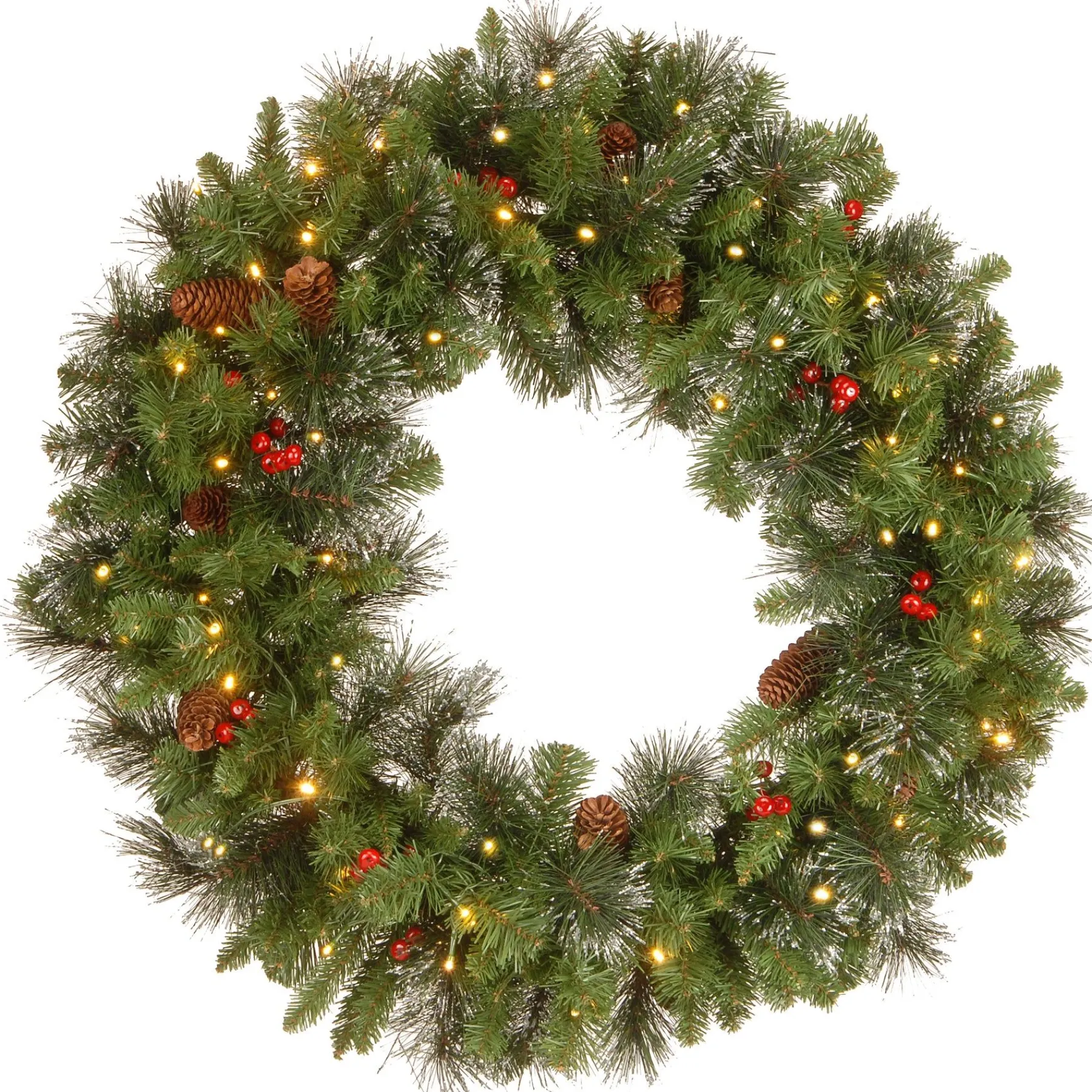 25" To 36" Wreath-National Tree Company Pre-Lit Artificial Christmas Wreath, Green, Carolina Pine, White Lights, Decorated With Pine Cones, Berry Clusters, Frosted Branches, Christmas Collection, 30 Inches