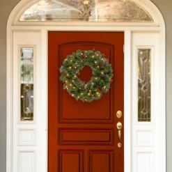 25" To 36" Wreath-National Tree Company Pre-Lit Artificial Christmas Wreath, Green, Carolina Pine, White Lights, Decorated With Pine Cones, Berry Clusters, Frosted Branches, Christmas Collection, 30 Inches