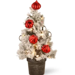 5Ft - 6Ft-National Tree Company Pre-Lit Artificial Christmas Tree, Green, Snowy Bristle Pine, White Led Lights, Decorated With Pine Cones, Ball Ornaments, Includes Pot Base, Battery Operated, 24 Inches