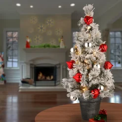 5Ft - 6Ft-National Tree Company Pre-Lit Artificial Christmas Tree, Green, Snowy Bristle Pine, White Led Lights, Decorated With Pine Cones, Ball Ornaments, Includes Pot Base, Battery Operated, 24 Inches