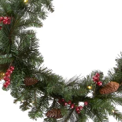 7' To 10' Garland-National Tree Company Pre-Lit Artificial Christmas Garland, Green, Crestwood Spruce, White Lights, Decorated With Pine Cones, Berry Clusters, Battery Operated, Christmas Collection, 9 Feet