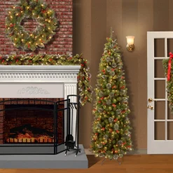 7' To 10' Garland-National Tree Company Pre-Lit Artificial Christmas Garland, Green, Crestwood Spruce, White Lights, Decorated With Pine Cones, Berry Clusters, Battery Operated, Christmas Collection, 9 Feet