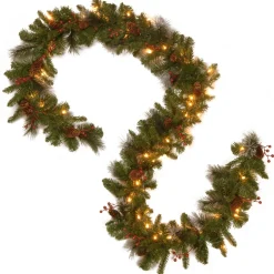 7' To 10' Garland-National Tree Company Pre-Lit Artificial Christmas Garland, Green, Crestwood Spruce, White Lights, Decorated With Pine Cones, Berry Clusters, Battery Operated, Christmas Collection, 9 Feet