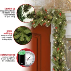 7' To 10' Garland-National Tree Company Pre-Lit Artificial Christmas Garland, Green, Crestwood Spruce, White Lights, Decorated With Pine Cones, Berry Clusters, Battery Operated, Christmas Collection, 9 Feet