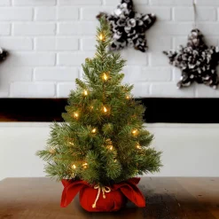 Under 5Ft-National Tree Company Pre-Lit Artificial Christmas Tree, Majestic Fir, Green, White Lights, Includes Red Cloth Base, 2 Feet