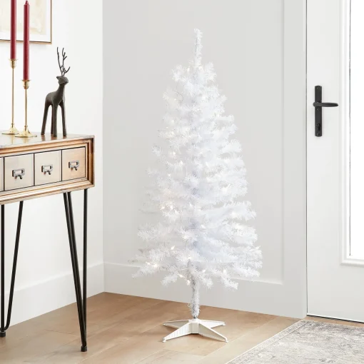 5Ft - 6Ft-National Tree Company Pre-Lit Artificial Christmas Tree, White Tinsel, White Lights, Includes Stand, 4 Feet