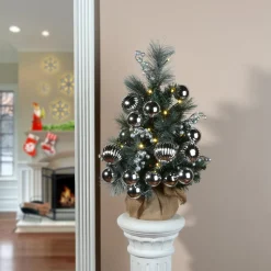 Full-National Tree Company Pre-Lit Artificial Christmas Tree, Green, Frosted Silver Pine, White Led Lights, Decorated With Berry Clusters, Ball Ornaments, Includes Cloth Bag Base, Battery Operated, 24 Inches