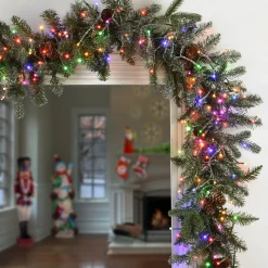 7' To 10' Garland-National Tree Company Pre-Lit Artificial Christmas Garland, Green, Morgan Spruce, White Lights, Decorated With Pine Cones, Snowy Branches, Plug In, Christmas Collection, 9 Feet