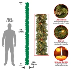 7' To 10' Garland-National Tree Company Pre-Lit Artificial Christmas Garland, Green, Carolina Pine, White Lights, Decorated With Pine Cones, Plug In, Christmas Collection, 9 Feet