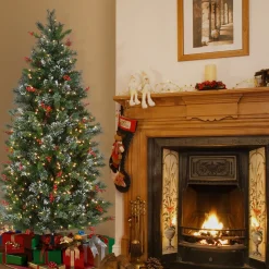 5Ft - 6Ft-National Tree Company Pre-Lit Artificial Christmas Tree, Wintry Pine, Green, White Lights, Decorated With Pine Cones, Berry Clusters, Includes Stand, 6.5 Feet