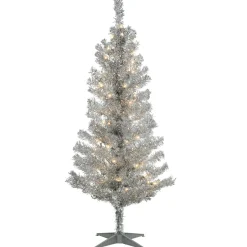 Clear-National Tree Company Pre-Lit Artificial Christmas Tree, Silver Tinsel, White Lights, Includes Stand, 4 Feet