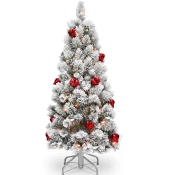 Slim-National Tree Company Pre-Lit Artificial Christmas Tree, Snowy Bristle Pine, Green, Decorated With Frosted Branches, Pine Cones, White Lights, Includes Stand, 4.5 Feet