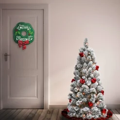 Slim-National Tree Company Pre-Lit Artificial Christmas Tree, Snowy Bristle Pine, Green, Decorated With Frosted Branches, Pine Cones, White Lights, Includes Stand, 4.5 Feet